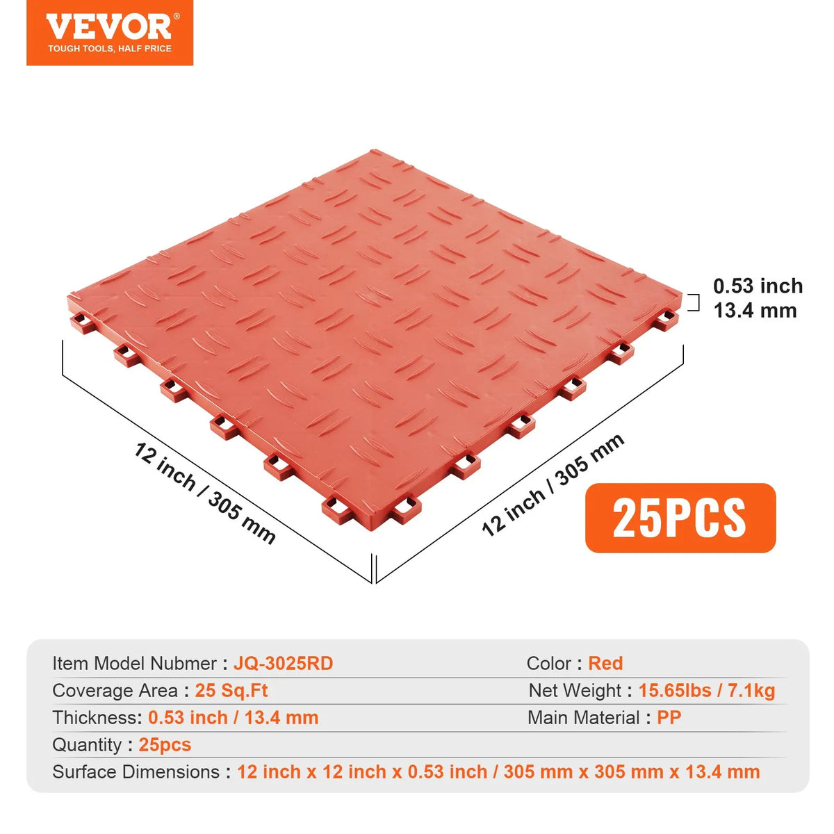 VEVOR — соединяемые плитки для пола в гараже, 30,5 × 30,5 × 1,35 см, 25 шт., с противоскользящей текстурой с обеих сторон, красного цвета