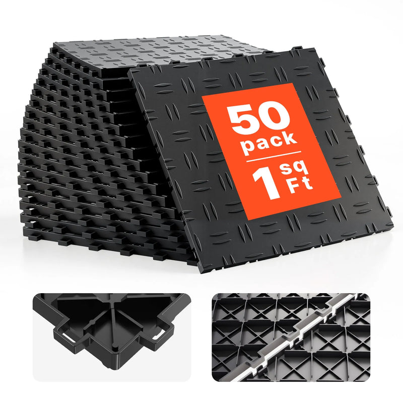 VEVOR savienojamas garāžas grīdas flīzes 30,5 × 30,5 × 1,35 cm, 50 gab., ar neslīdošu divpusēju tekstūru, melnas