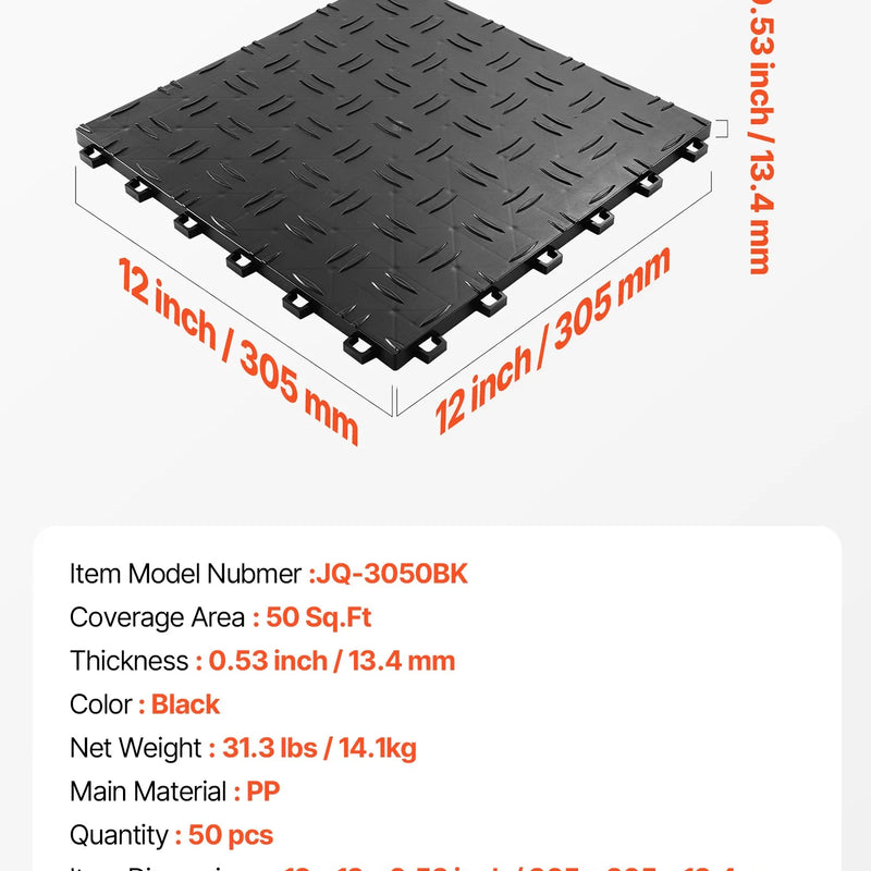 VEVOR savienojamas garāžas grīdas flīzes 30,5 × 30,5 × 1,35 cm, 50 gab., ar neslīdošu divpusēju tekstūru, melnas