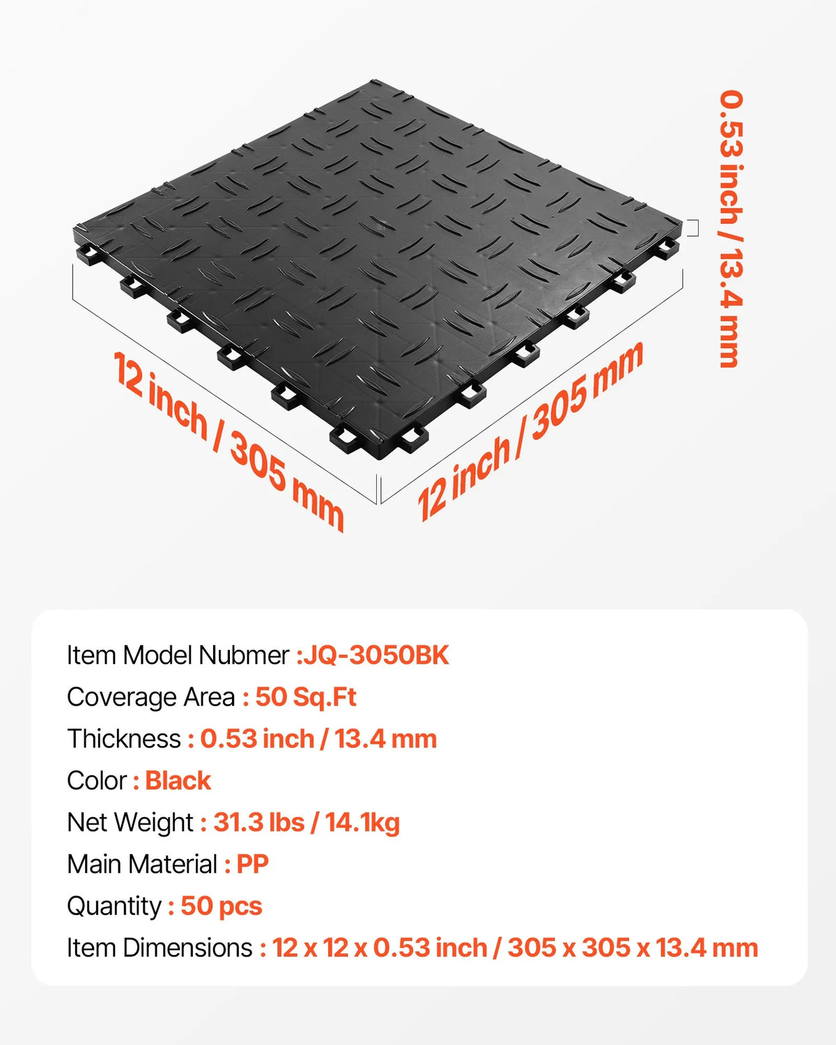 VEVOR savienojamas garāžas grīdas flīzes 30,5 × 30,5 × 1,35 cm, 50 gab., ar neslīdošu divpusēju tekstūru, melnas