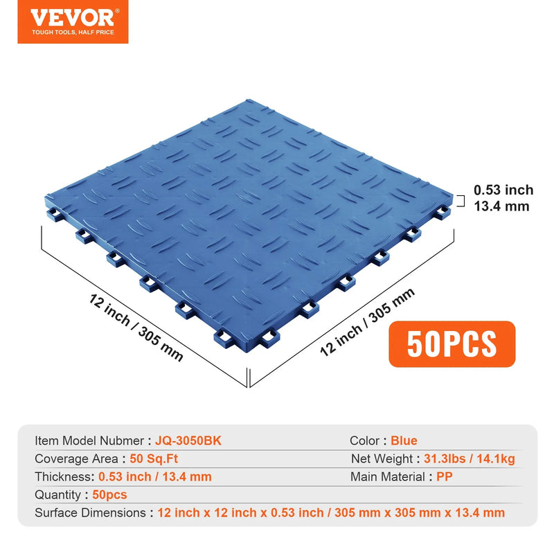 VEVOR savienojamas garāžas grīdas flīzes 30,5 × 30,5 × 1,35 cm, 50 gab., ar neslīdošu divpusēju tekstūru, zilas