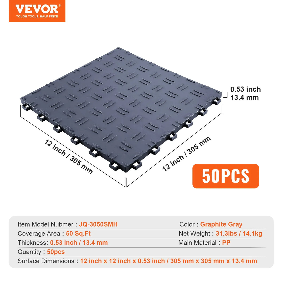VEVOR savienojamas garāžas grīdas flīzes 30,5 × 30,5 × 1,35 cm, 50 gab., ar neslīdošu divpusēju tekstūru, grafītpelēkas