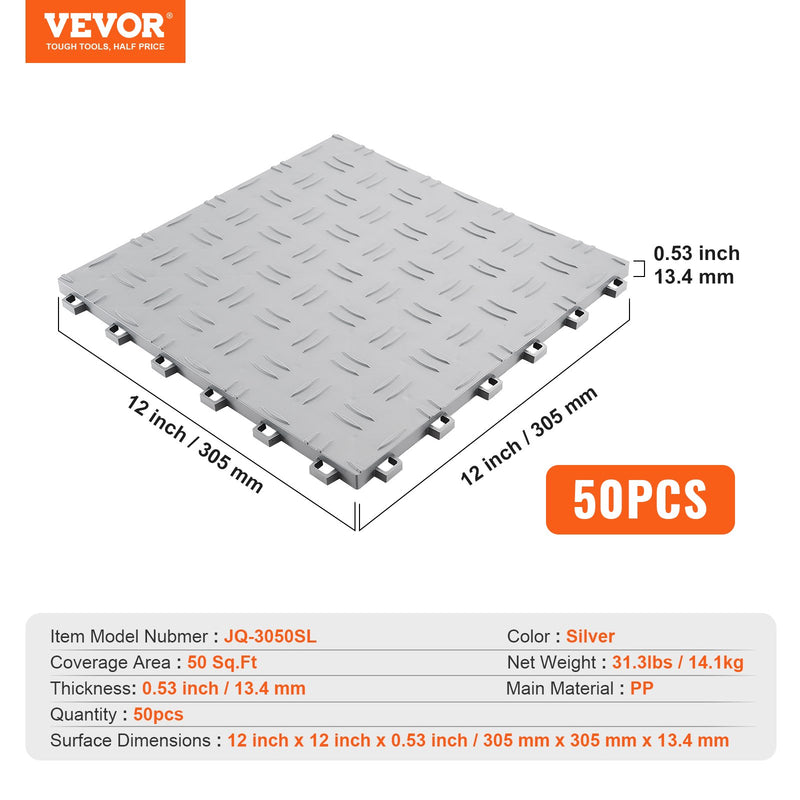 VEVOR Garāžas flīzes ar savienojumiem  Izmēri: 12 x 12 x 0,53 collas (30,5 x 30,5 x 1,35 cm) Iepakojums: 50 flīžu komplekts Materiāls: Pretbīdīgs un izturīgs, ar dubultu tekstūras slāni abās pusēs Krāsa: Sudraba