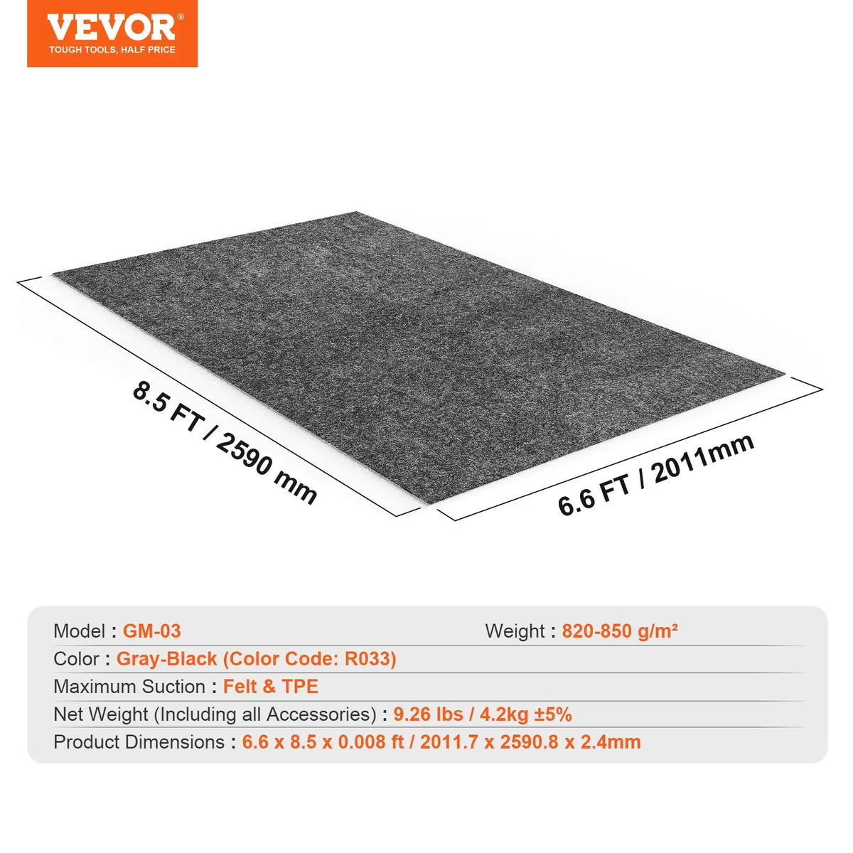 VEVOR Waterproof Garage Floor Mat for Car Parking, Non-Slip, Compact Size 2 x 2.6 m, Heavy-Duty Drainage Mat, Protects Garage Floor from Water, Mud and Oil, Suitable for Garages, Greenhouses and Entrances