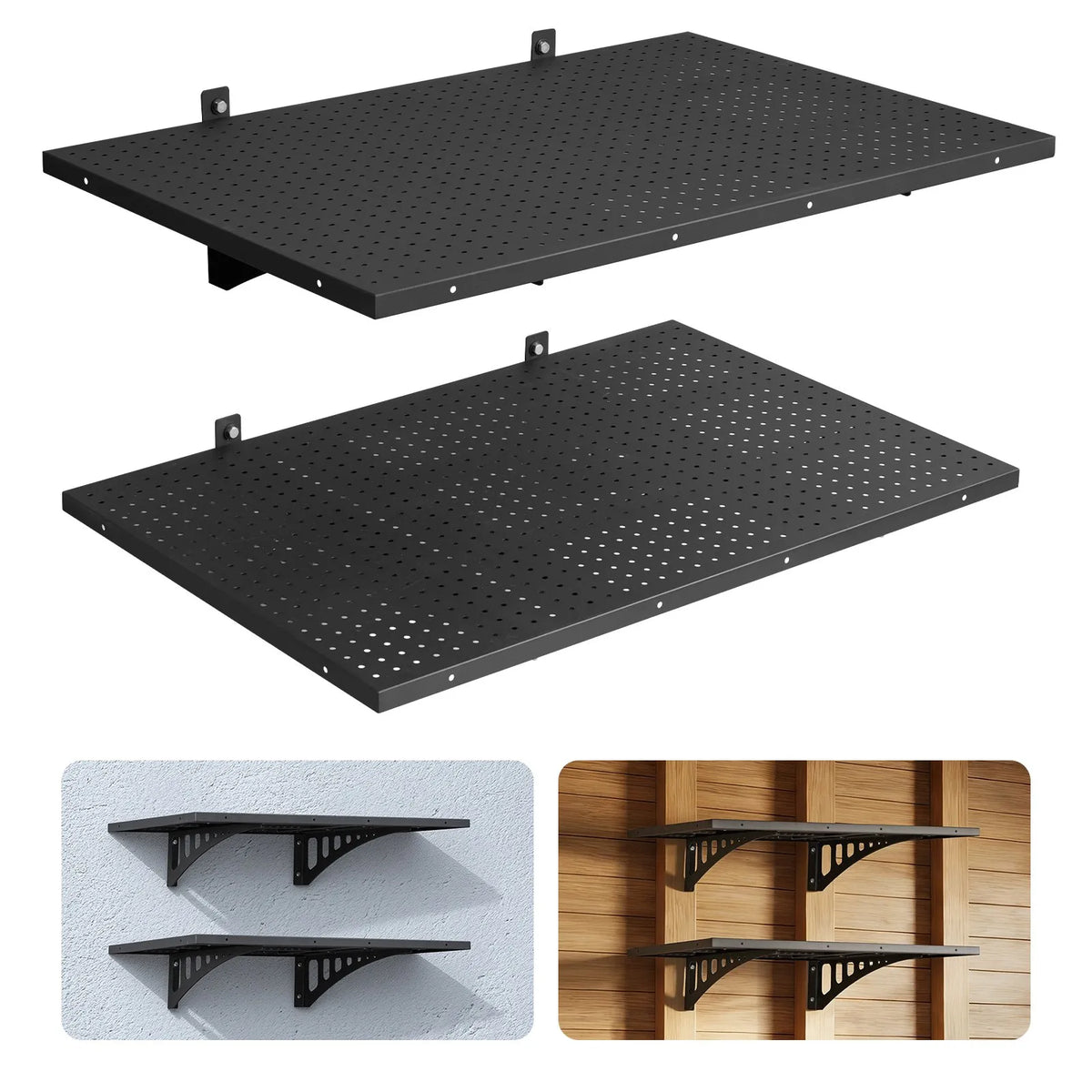 VEVOR 2 līmeņu smagās slodzes sienas plaukts garāžai 610 x 914 mm, tērauda sienas stiprināms plauktu bloks, 610 x 914 mm katram plauktam, kopējā slodze 254 kg, melns - ZEMLETES.LV