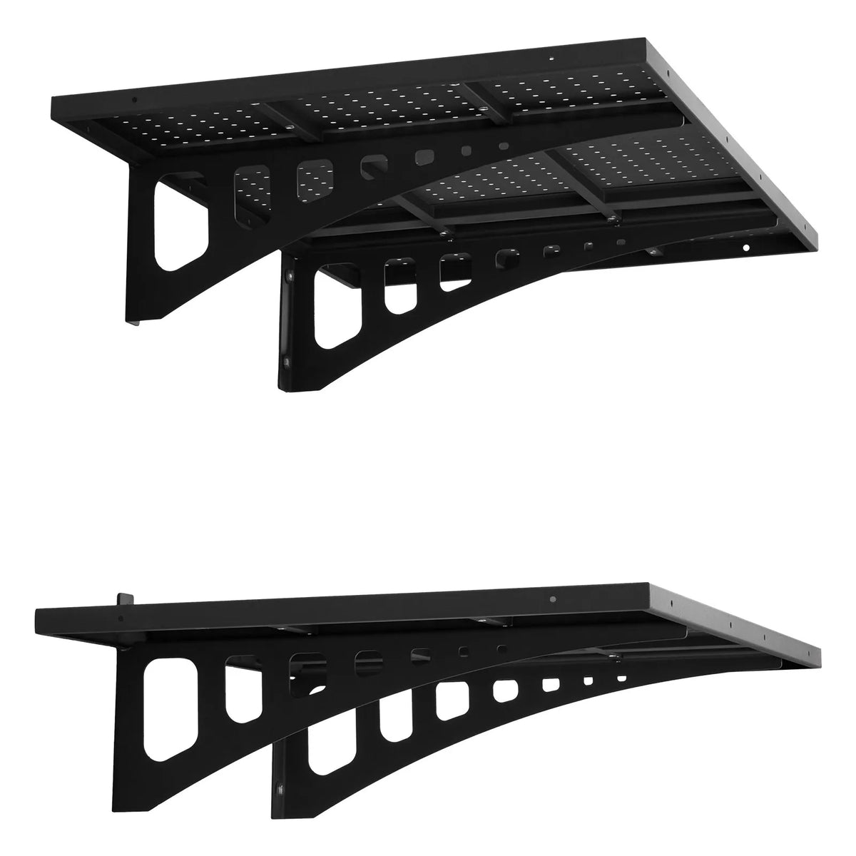 VEVOR 2 līmeņu smagās slodzes sienas plaukts garāžai 610 x 914 mm, tērauda sienas stiprināms plauktu bloks, 610 x 914 mm katram plauktam, kopējā slodze 254 kg, melns - ZEMLETES.LV