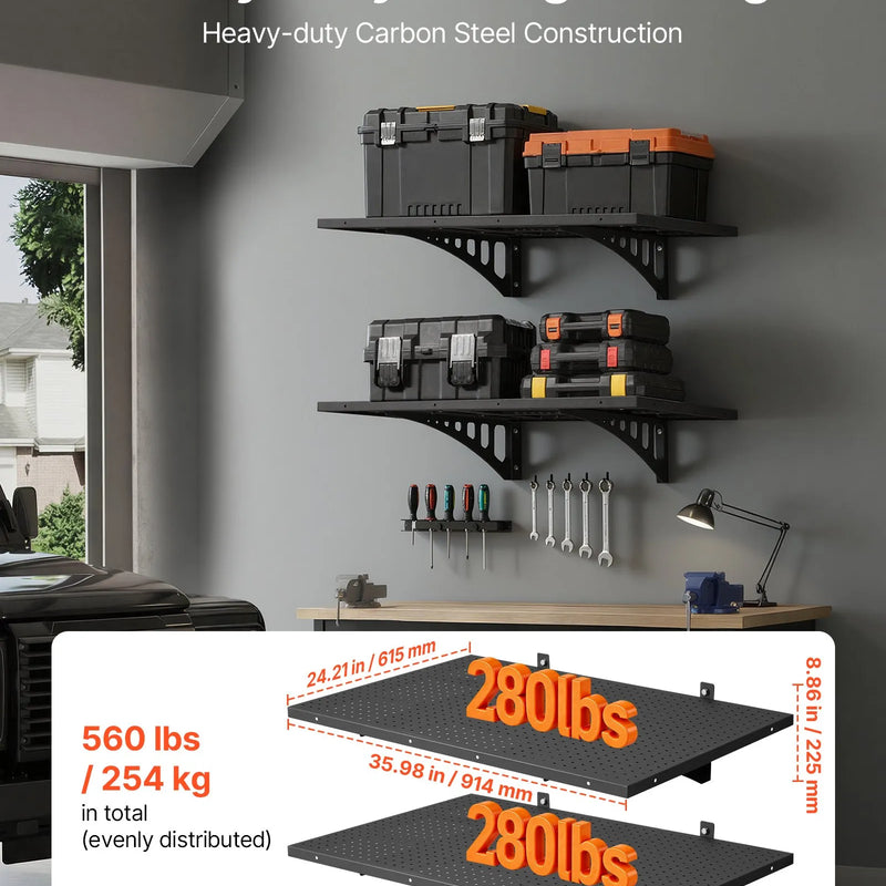 VEVOR 2 līmeņu smagās slodzes sienas plaukts garāžai 610 x 914 mm, tērauda sienas stiprināms plauktu bloks, 610 x 914 mm katram plauktam, kopējā slodze 254 kg, melns - ZEMLETES.LV