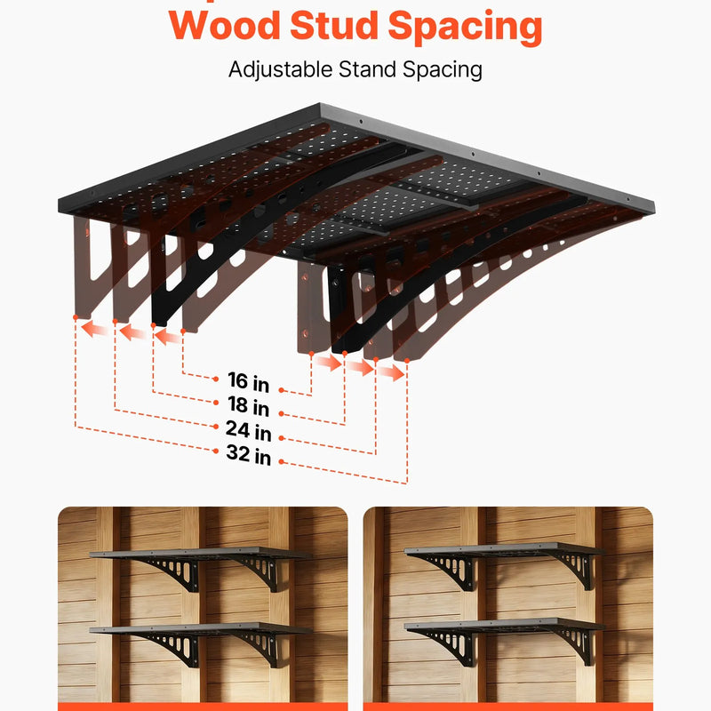 VEVOR 2 līmeņu smagās slodzes sienas plaukts garāžai 610 x 914 mm, tērauda sienas stiprināms plauktu bloks, 610 x 914 mm katram plauktam, kopējā slodze 254 kg, melns - ZEMLETES.LV