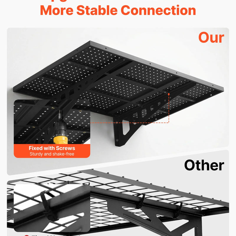 VEVOR 2 līmeņu smagās slodzes sienas plaukts garāžai 610 x 914 mm, tērauda sienas stiprināms plauktu bloks, 610 x 914 mm katram plauktam, kopējā slodze 254 kg, melns - ZEMLETES.LV