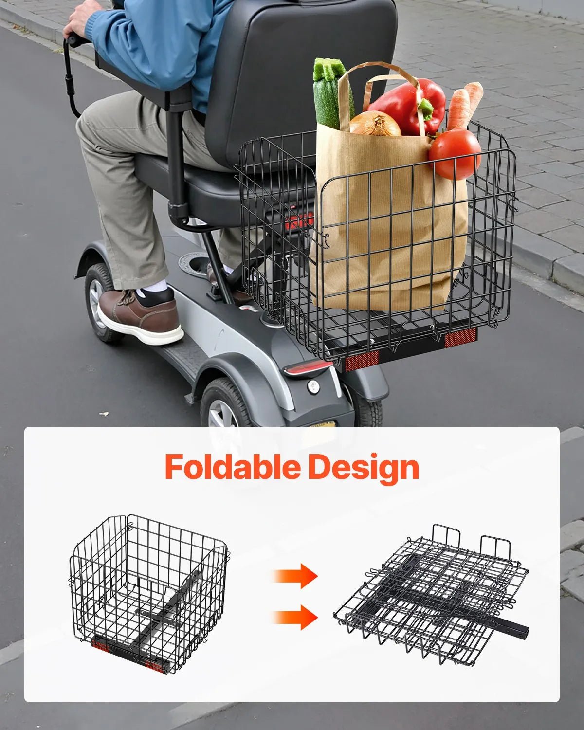 VEVOR skūtera aizmugures bagāžas grozs, salokāms metāla stiepļu grozs ar lielu ietilpību, paredzēts 2,5 cm stiprinājumam, saderīgs ar Golden, Drive un Pride mobilitātes skūteriem - ZEMLETES.LV