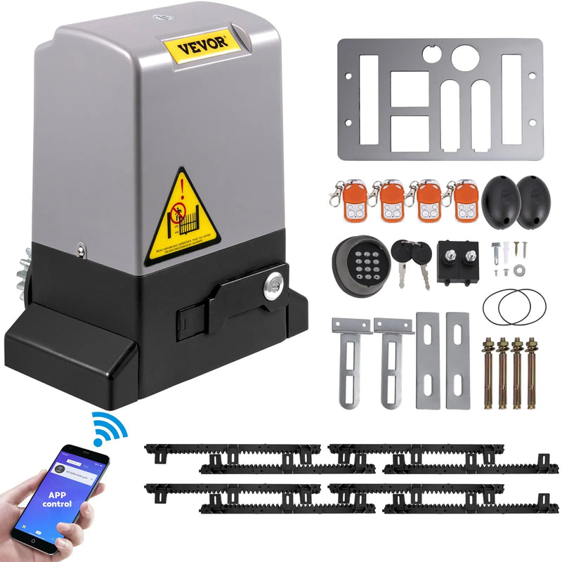 VEVOR automātiskais bīdāmo vārtu atvērējs, līdz 1800 kg un 4 m vārtiem, ar 4 tālvadības pultīm un lietotnes vadību, elektriskais piedziņas motors ar pilnu uzstādīšanas un drošības sistēmas komplektu