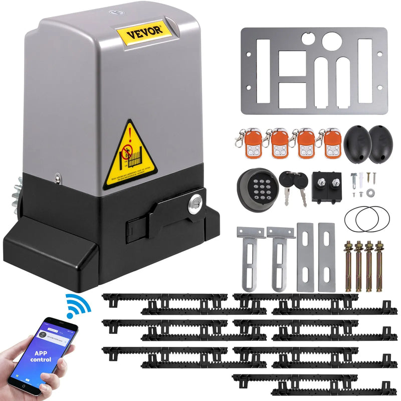 VEVOR automātiskais bīdāmo vārtu atvērējs, līdz 1800 kg un 7 m vārtiem, ar 4 tālvadības pultīm un lietotnes vadību, elektriskais piedziņas motors ar pilnu uzstādīšanas un drošības sistēmas komplektu