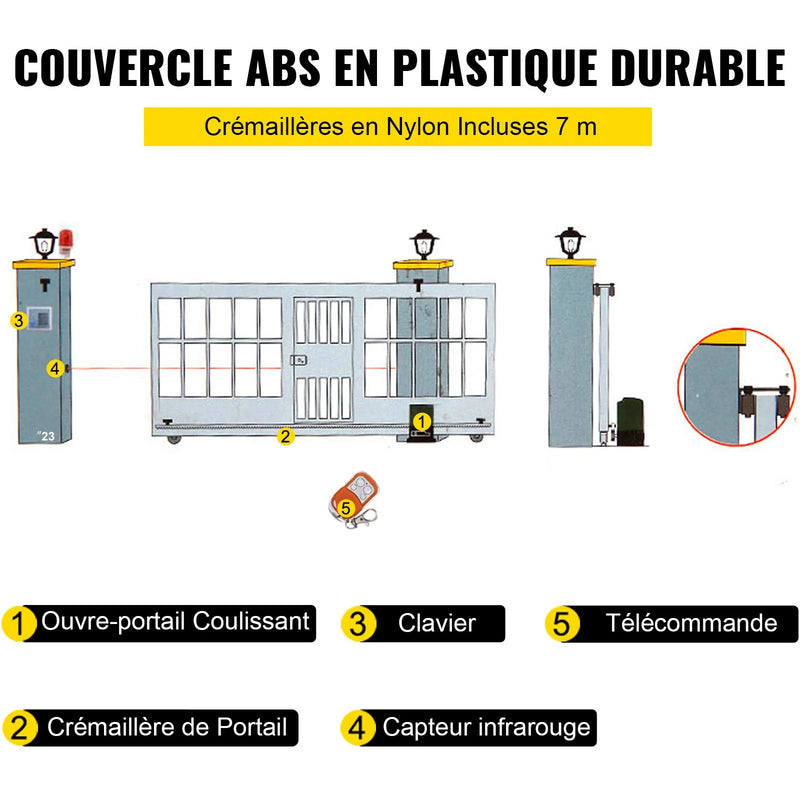 VEVOR automātiskais bīdāmo vārtu atvērējs, līdz 1800 kg un 7 m vārtiem, ar 4 tālvadības pultīm un lietotnes vadību, elektriskais piedziņas motors ar pilnu uzstādīšanas un drošības sistēmas komplektu