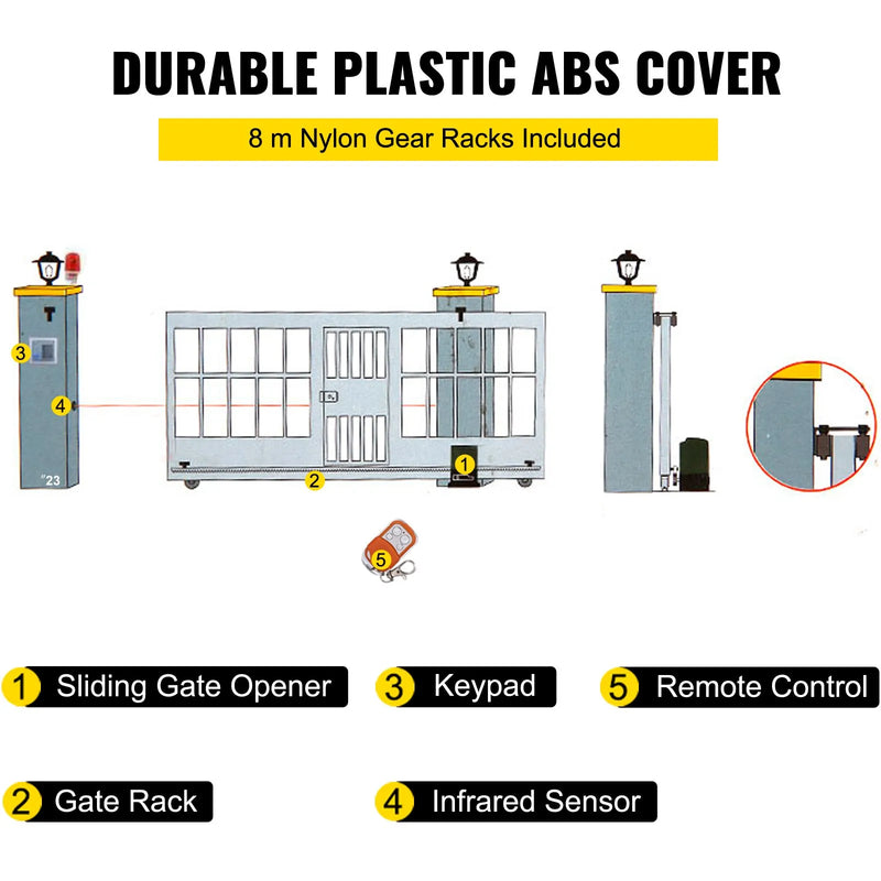 VEVOR automātiskais bīdāmo vārtu atvērējs, līdz 1800 kg un 8 m vārtiem, ar 4 tālvadības pultīm un lietotnes vadību, elektriskais piedziņas motors ar pilnu uzstādīšanas un drošības sistēmas komplektu