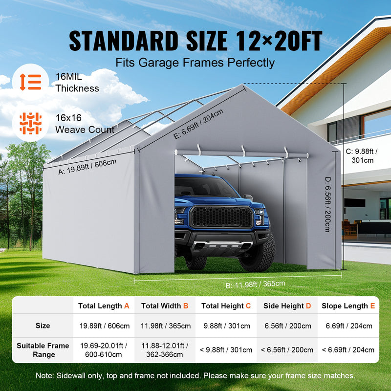 VEVOR automašīnas nojumes rezerves nojumes sānu siena 3.66 x 6.10 m, ūdensnecaurlaidīga un UV aizsargāta, ērta uzstādīšana, pelēka (augšpuse un rāmis nav iekļauti)