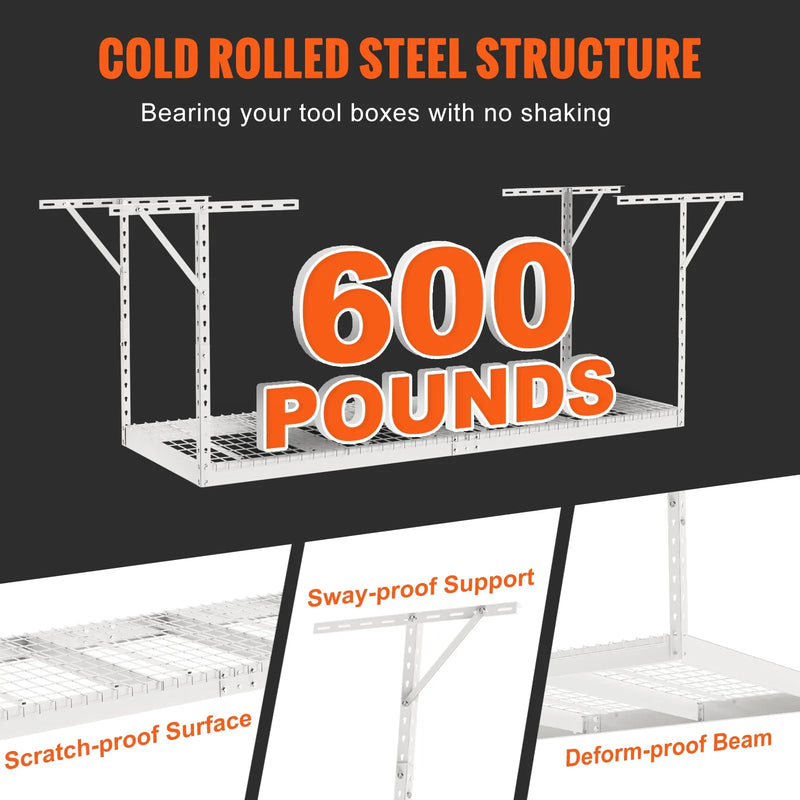 Piekaramais griestu uzglabāšanas plaukts, regulējams auksti velmēta tērauda konstrukcijā, balts, 272 kg, 91 × 244 × 56–102 cm