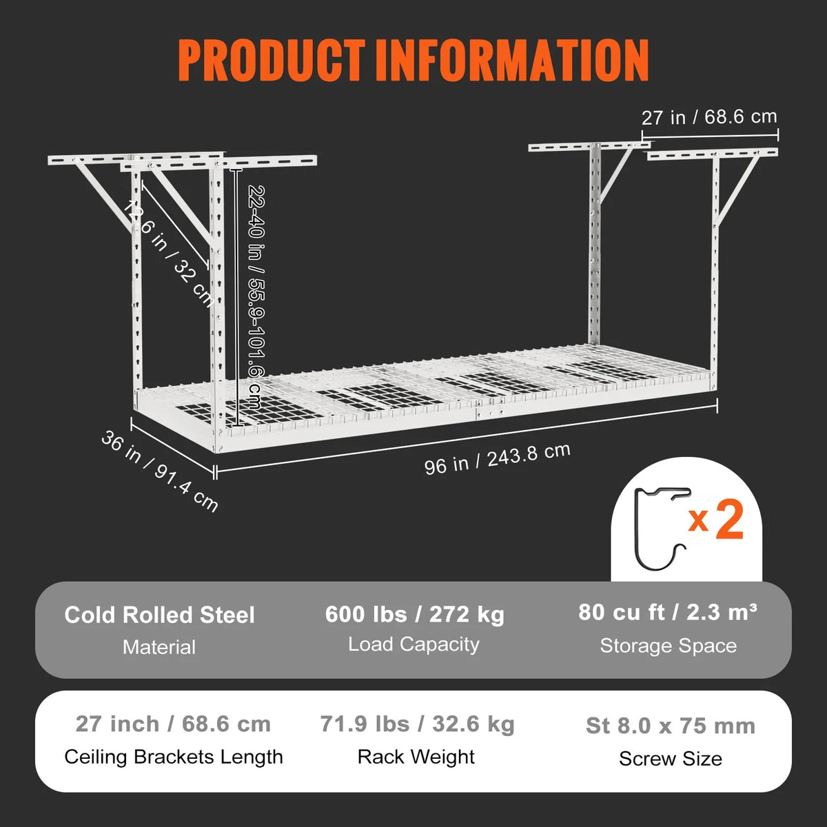 Piekaramais griestu uzglabāšanas plaukts, regulējams auksti velmēta tērauda konstrukcijā, balts, 272 kg, 91 × 244 × 56-102 cm