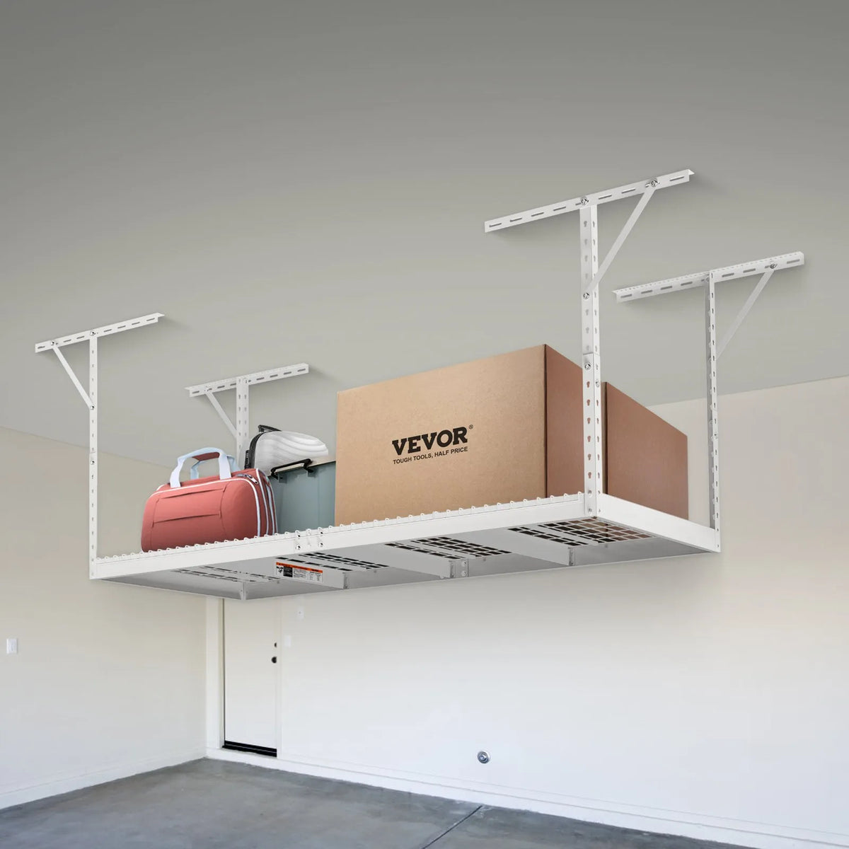 Piekaramais griestu uzglabāšanas plaukts, regulējams auksti velmēta tērauda konstrukcijā, balts, 272 kg, 91 × 244 × 56-102 cm