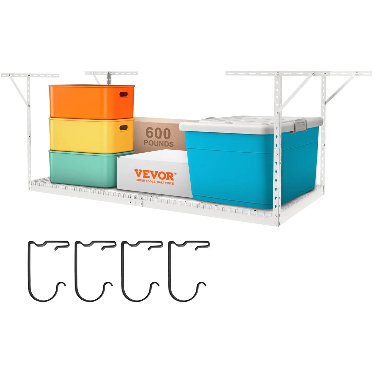 Hanging ceiling storage shelf, adjustable cold-rolled steel construction, white, 272 kg, 122 × 244 × 56–102 cm