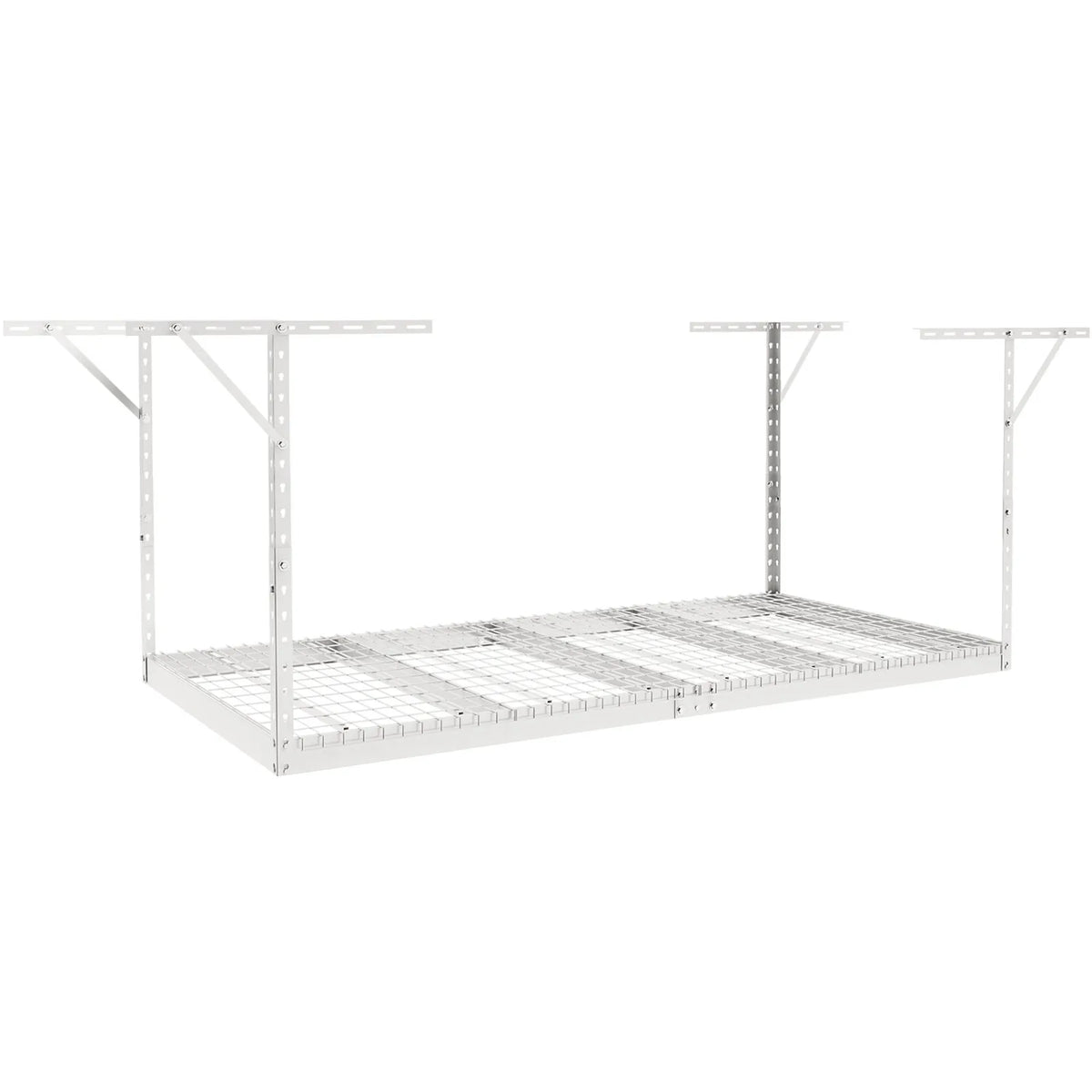 Hanging ceiling storage shelf, adjustable cold-rolled steel construction, white, 272 kg, 122 × 244 × 56–102 cm