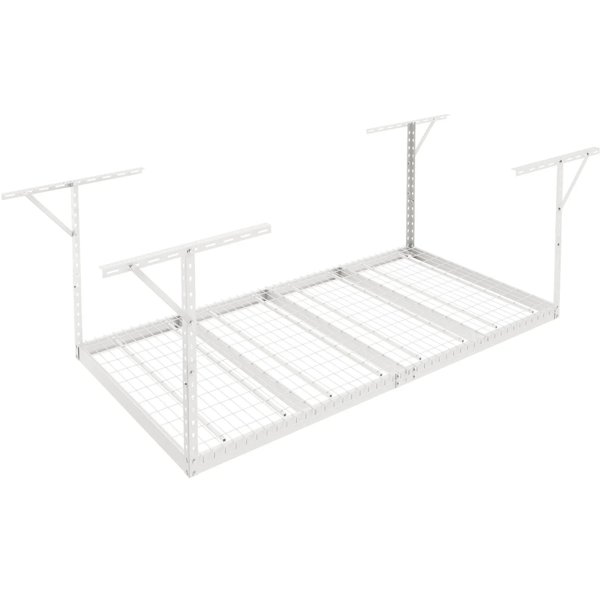 Hanging ceiling storage shelf, adjustable cold-rolled steel construction, white, 272 kg, 122 × 244 × 56–102 cm