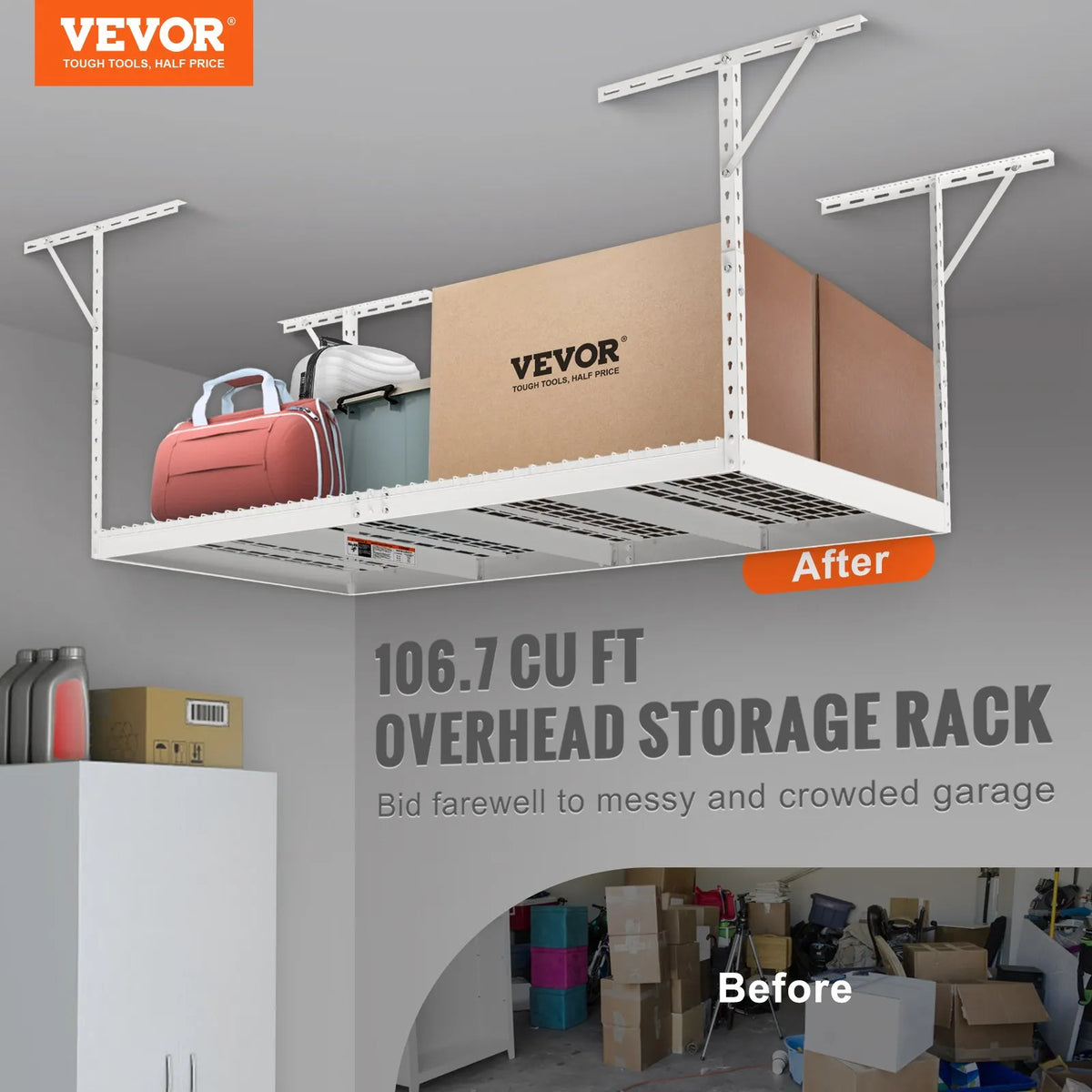 Hanging ceiling storage shelf, adjustable cold-rolled steel construction, white, 272 kg, 122 × 244 × 56–102 cm