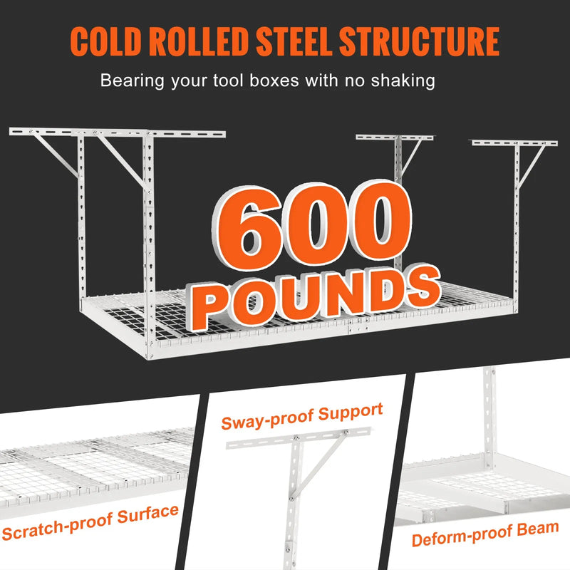 Piekaramais griestu uzglabāšanas plaukts, regulējams auksti velmēta tērauda konstrukcijā, balts, 272 kg, 122 × 244 × 56–102 cm