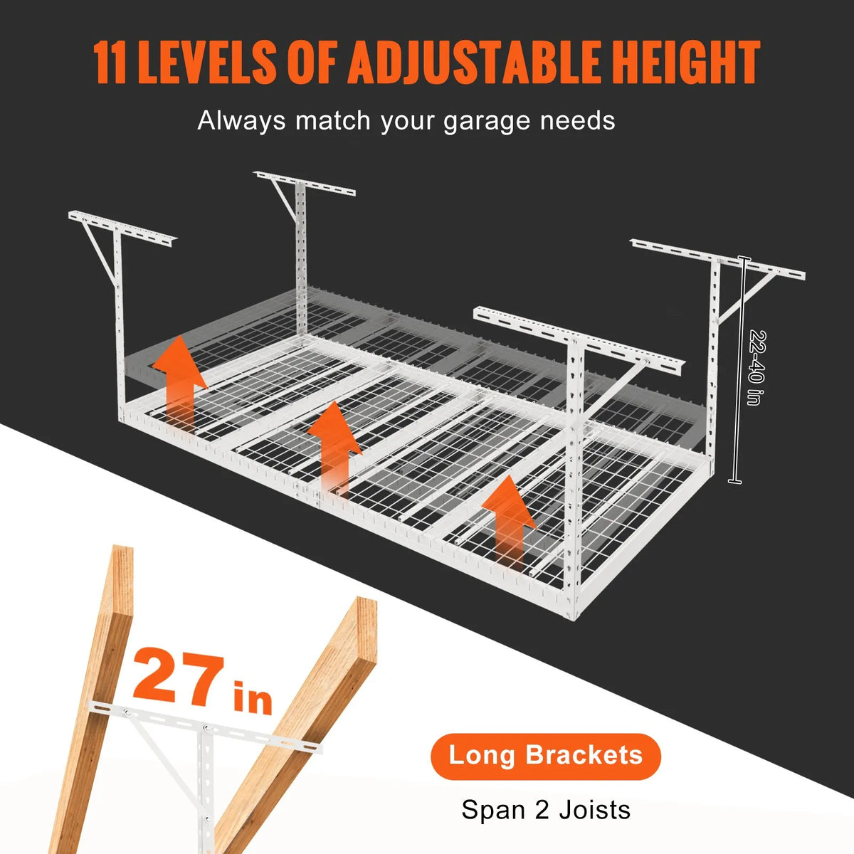 Hanging ceiling storage shelf, adjustable cold-rolled steel construction, white, 272 kg, 122 × 244 × 56–102 cm