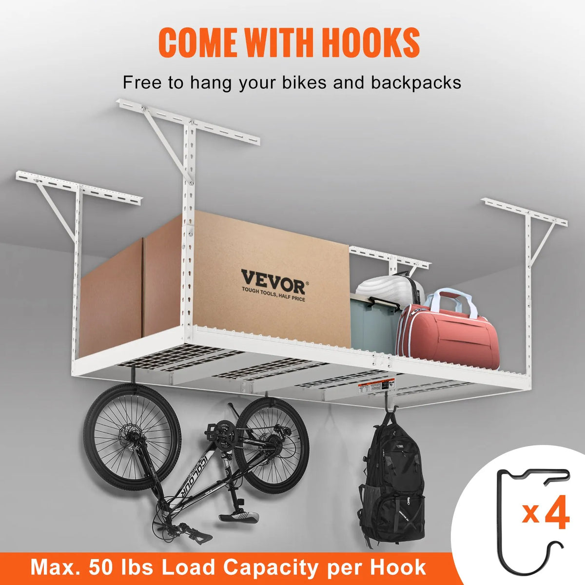 Hanging ceiling storage shelf, adjustable cold-rolled steel construction, white, 272 kg, 122 × 244 × 56–102 cm