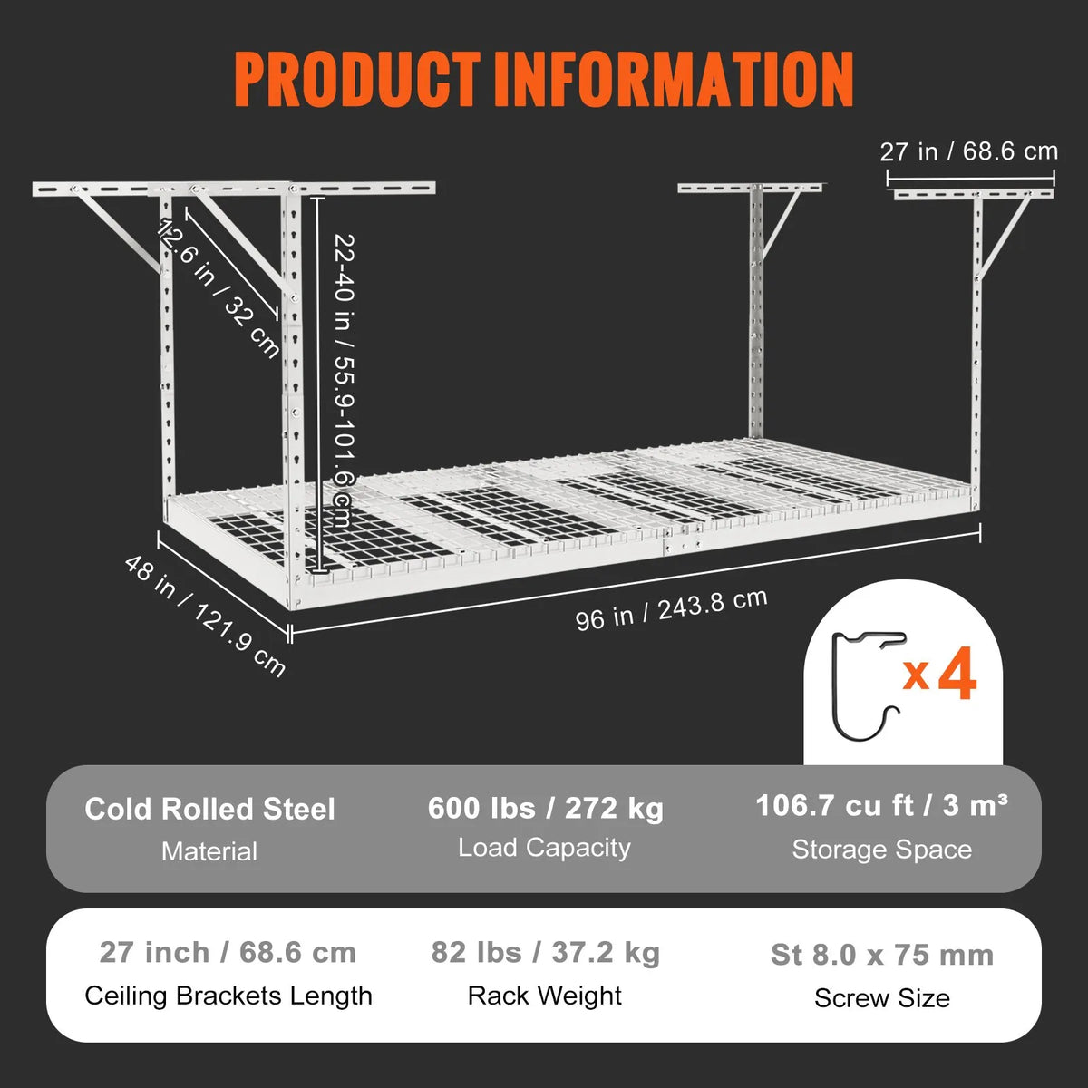 Hanging ceiling storage shelf, adjustable cold-rolled steel construction, white, 272 kg, 122 × 244 × 56–102 cm