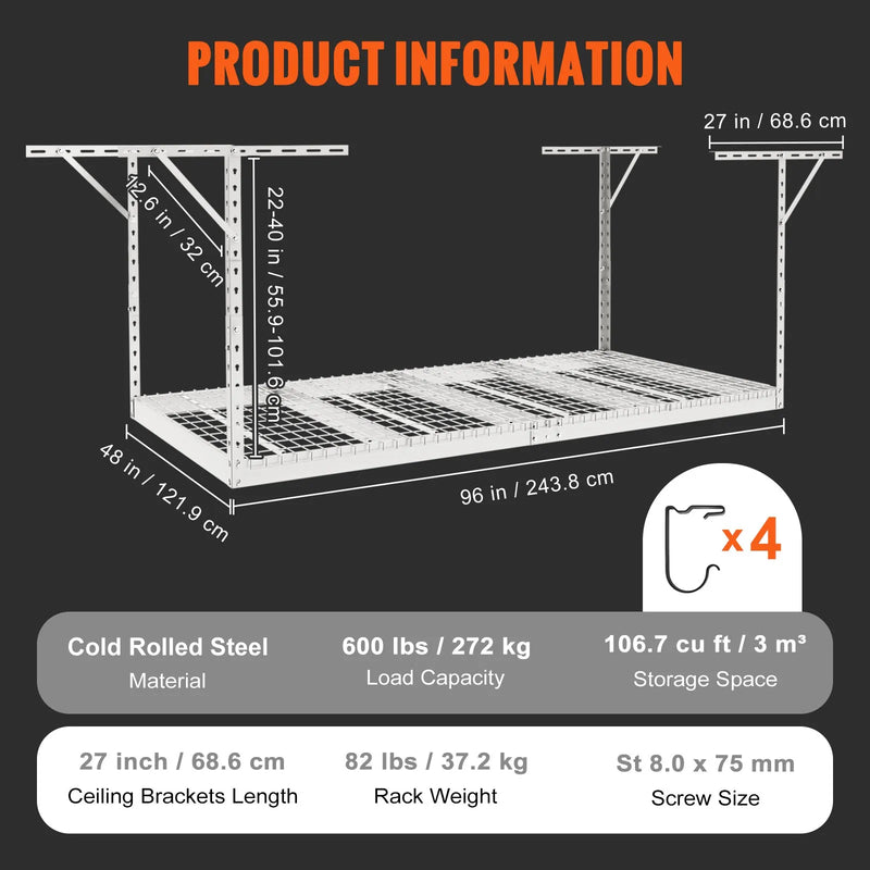 Piekaramais griestu uzglabāšanas plaukts, regulējams auksti velmēta tērauda konstrukcijā, balts, 272 kg, 122 × 244 × 56–102 cm
