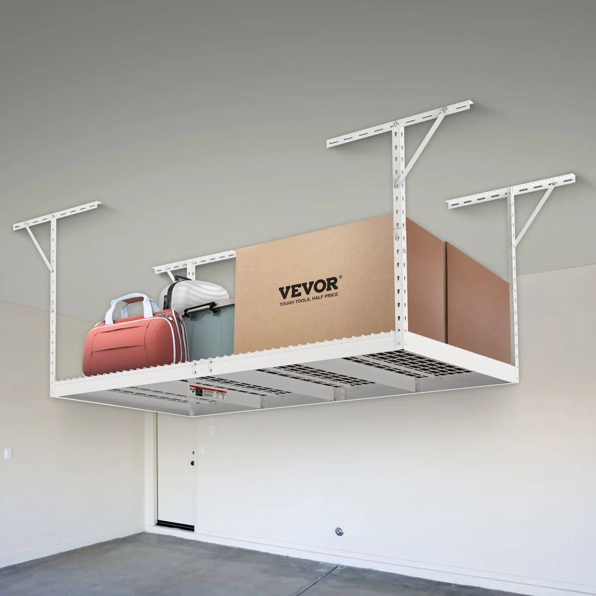 Hanging ceiling storage shelf, adjustable cold-rolled steel construction, white, 272 kg, 122 × 244 × 56–102 cm