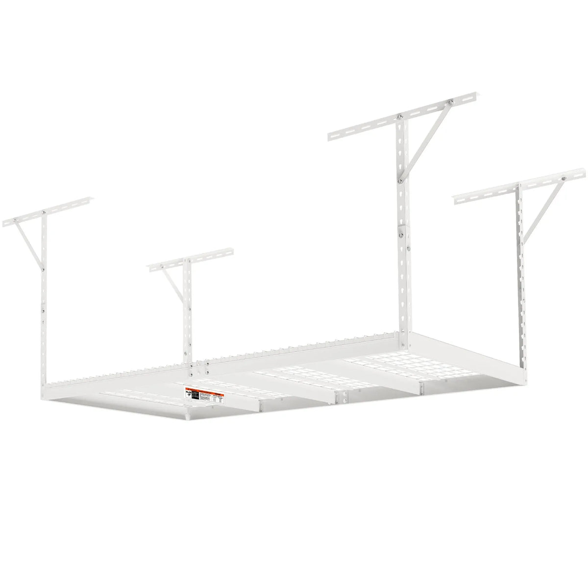 Hanging ceiling storage shelf, adjustable cold-rolled steel construction, white, 272 kg, 122 × 244 × 56–102 cm