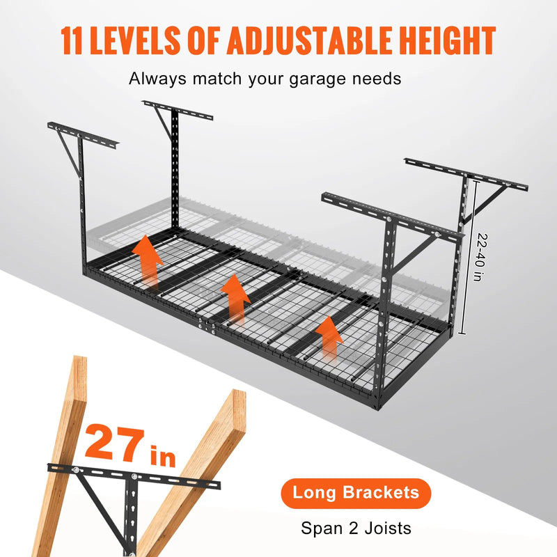 Piekaramais griestu uzglabāšanas plaukts, regulējams auksti velmēta tērauda konstrukcijā, melns, 272 kg, 91 × 244 × 56–102 cm