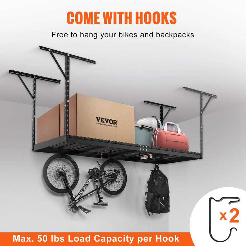 Piekaramais griestu uzglabāšanas plaukts, regulējams auksti velmēta tērauda konstrukcijā, melns, 272 kg, 91 × 244 × 56–102 cm