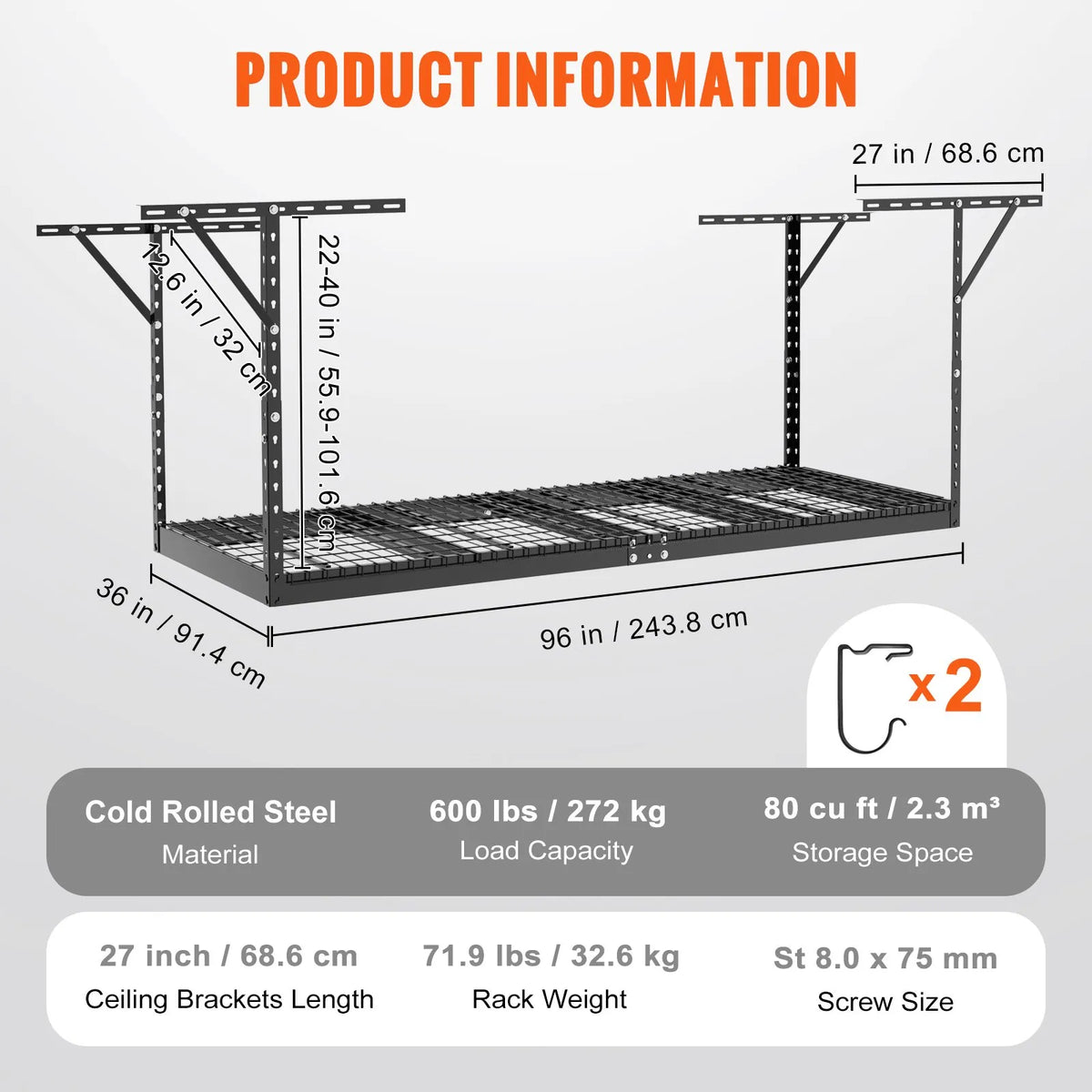 Piekaramais griestu uzglabāšanas plaukts, regulējams auksti velmēta tērauda konstrukcijā, melns, 272 kg, 91 × 244 × 56-102 cm