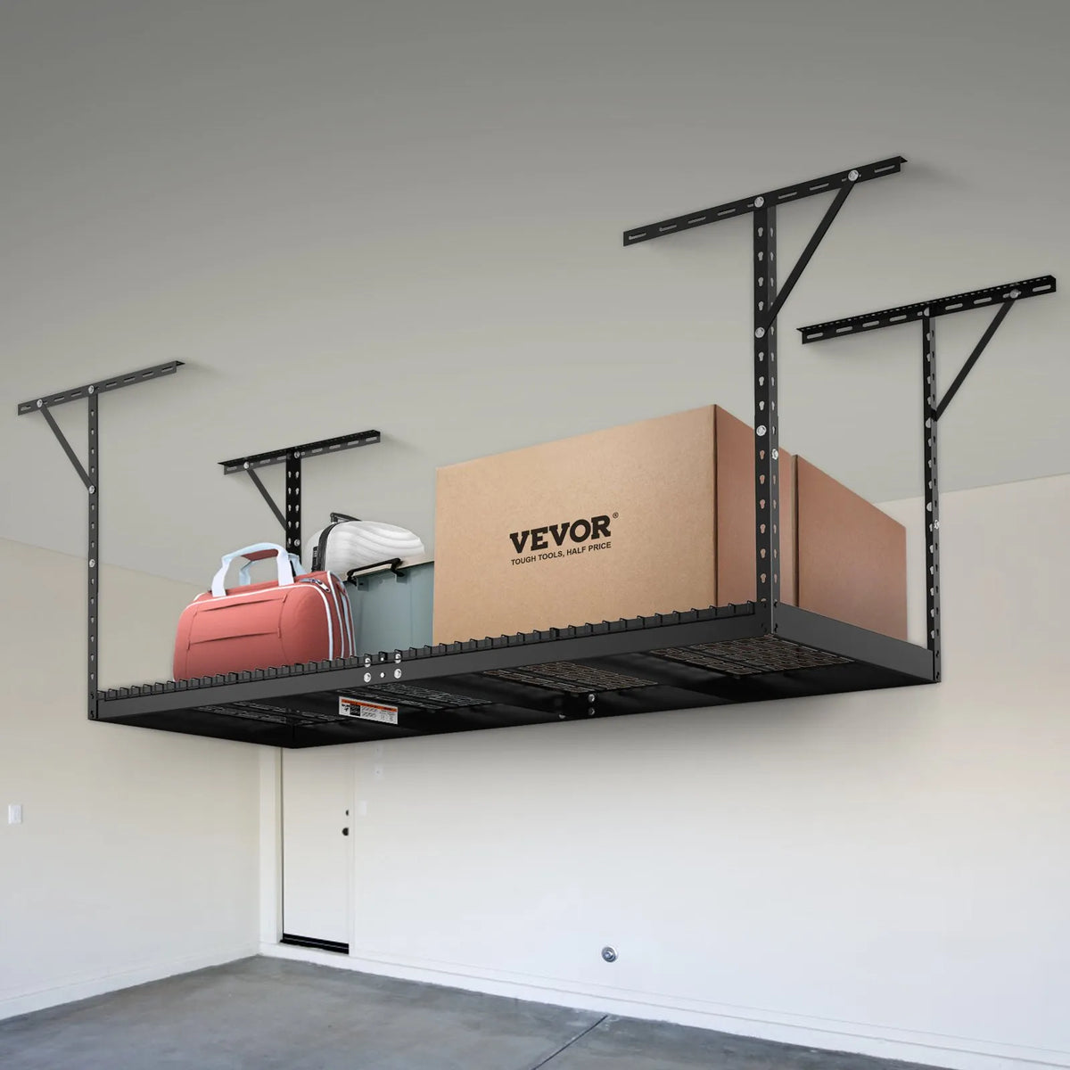 Piekaramais griestu uzglabāšanas plaukts, regulējams auksti velmēta tērauda konstrukcijā, melns, 272 kg, 91 × 244 × 56-102 cm