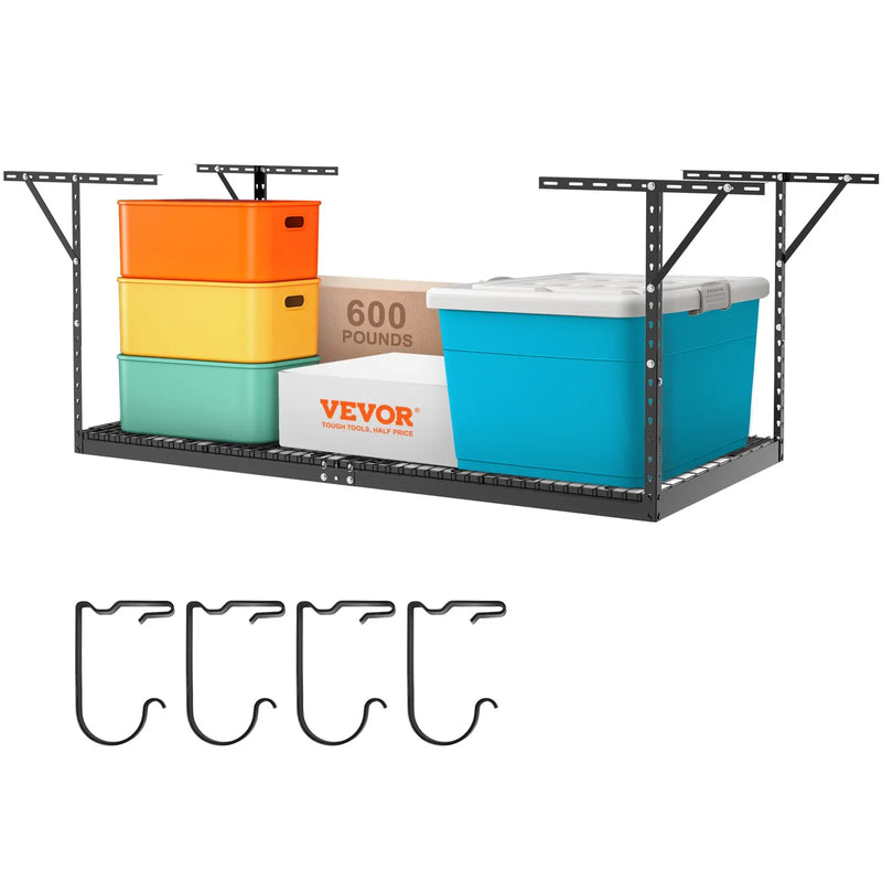 Piekaramais griestu uzglabāšanas plaukts, regulējams auksti velmēta tērauda konstrukcijā, melns, 272 kg, 122 × 244 × 56–102 cm