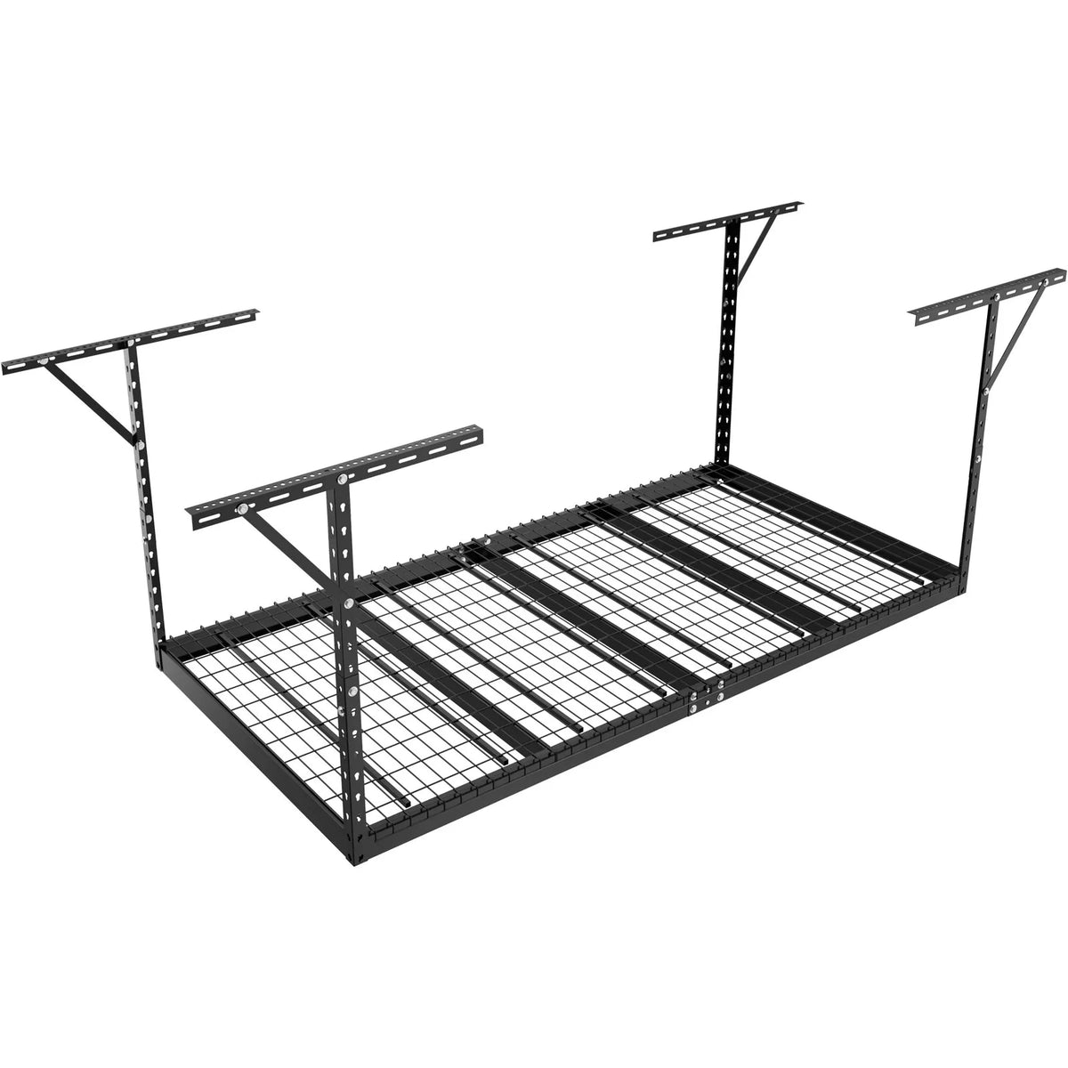 Hanging ceiling storage shelf, adjustable cold-rolled steel construction, black, 272 kg, 122 × 244 × 56–102 cm