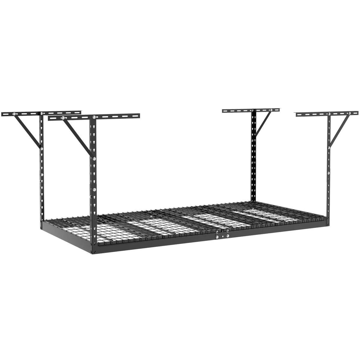 Hanging ceiling storage shelf, adjustable cold-rolled steel construction, black, 272 kg, 122 × 244 × 56–102 cm