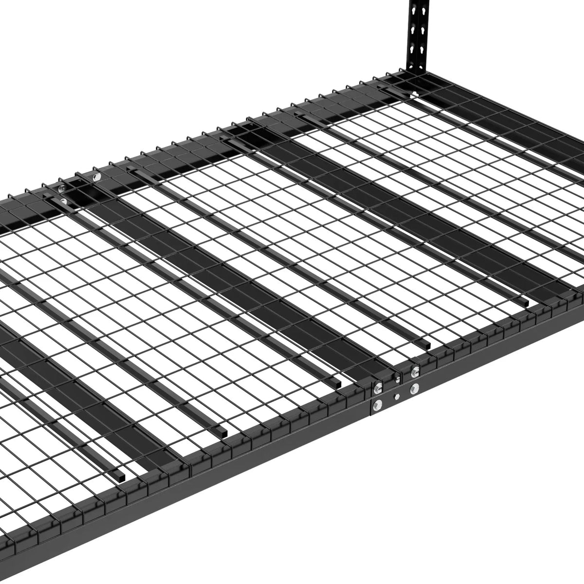 Hanging ceiling storage shelf, adjustable cold-rolled steel construction, black, 272 kg, 122 × 244 × 56–102 cm