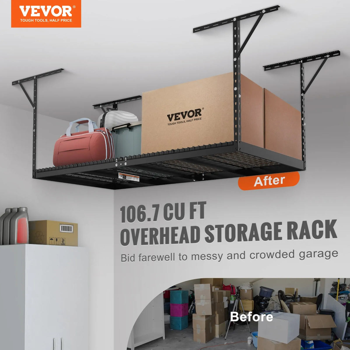 Hanging ceiling storage shelf, adjustable cold-rolled steel construction, black, 272 kg, 122 × 244 × 56–102 cm