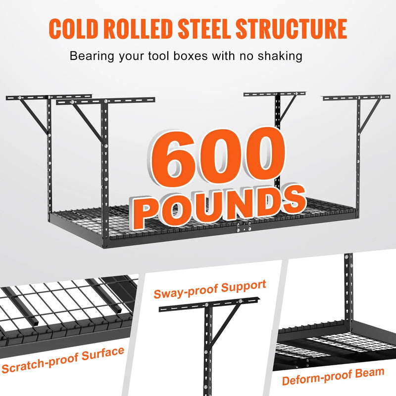 Piekaramais griestu uzglabāšanas plaukts, regulējams auksti velmēta tērauda konstrukcijā, melns, 272 kg, 122 × 244 × 56–102 cm