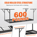 Piekaramais griestu uzglabāšanas plaukts, regulējams auksti velmēta tērauda konstrukcijā, melns, 272 kg, 122 × 244 × 56–102 cm