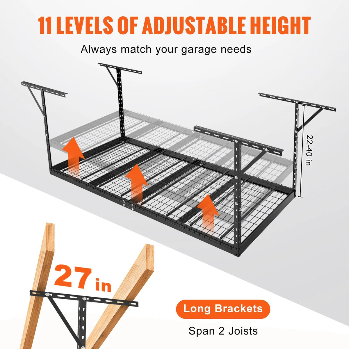 Hanging ceiling storage shelf, adjustable cold-rolled steel construction, black, 272 kg, 122 × 244 × 56–102 cm