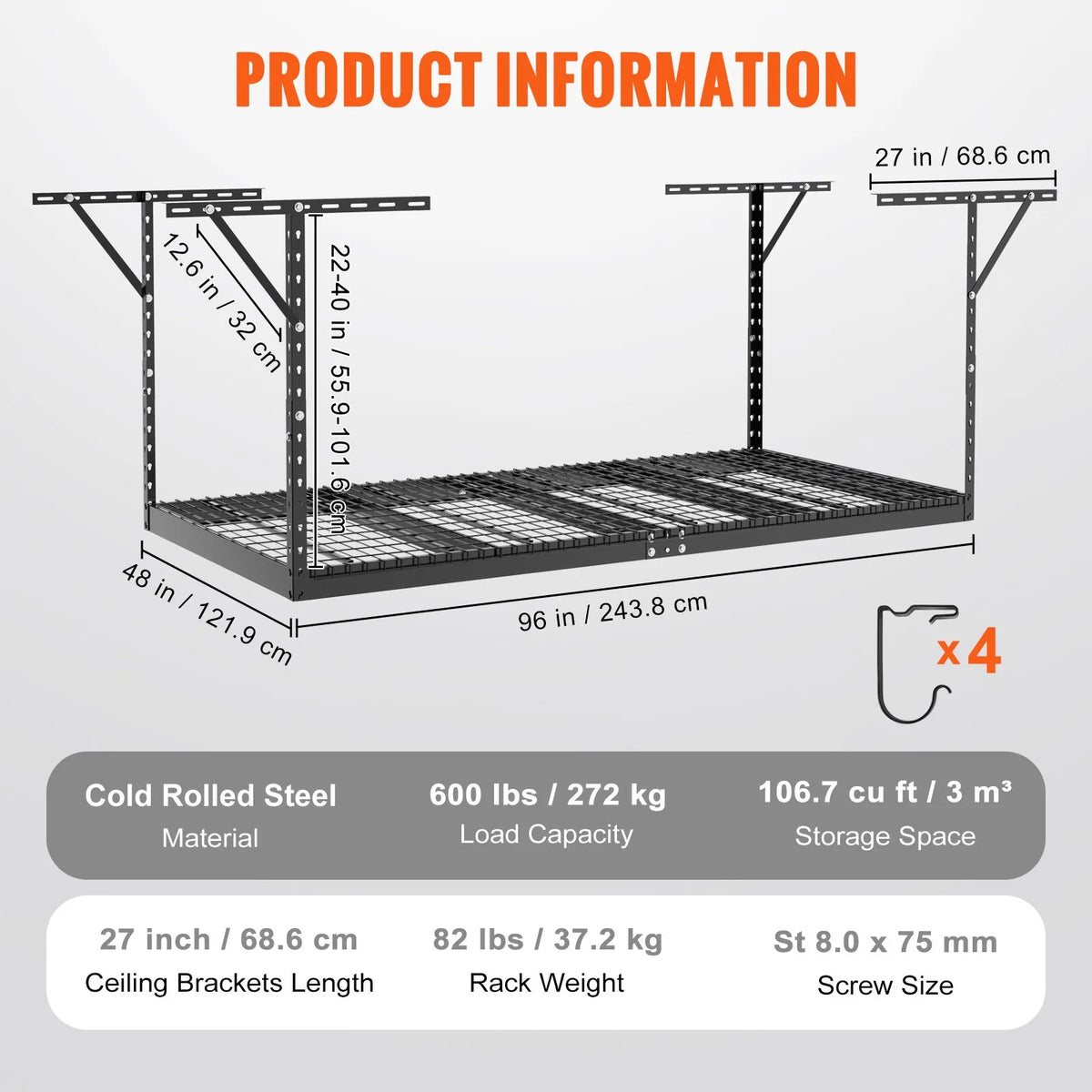 Hanging ceiling storage shelf, adjustable cold-rolled steel construction, black, 272 kg, 122 × 244 × 56–102 cm