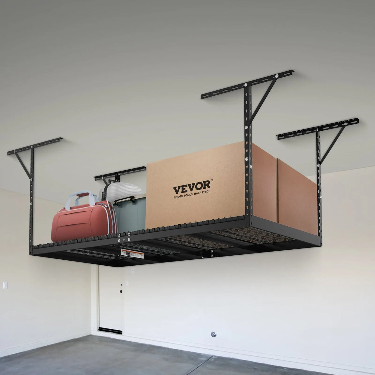 Hanging ceiling storage shelf, adjustable cold-rolled steel construction, black, 272 kg, 122 × 244 × 56–102 cm