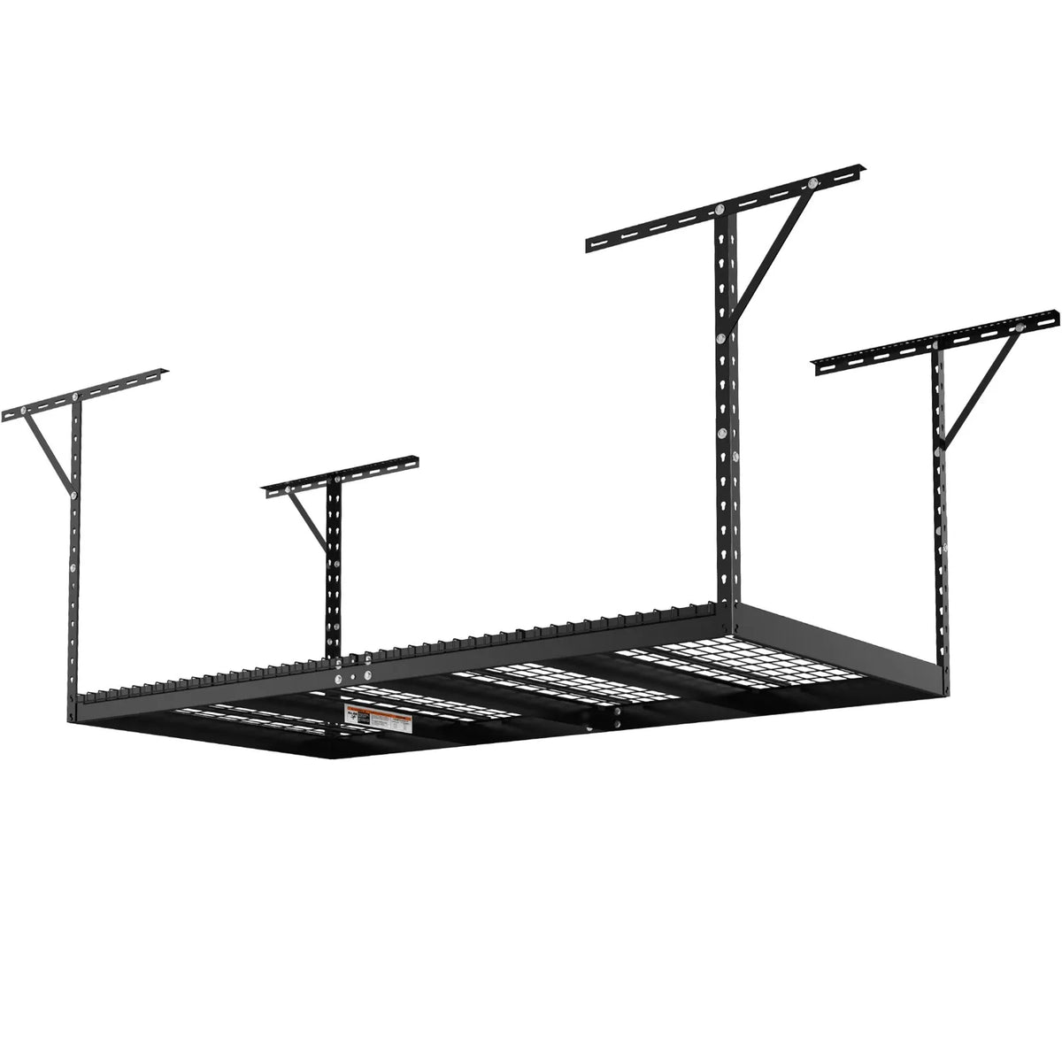 Hanging ceiling storage shelf, adjustable cold-rolled steel construction, black, 272 kg, 122 × 244 × 56–102 cm