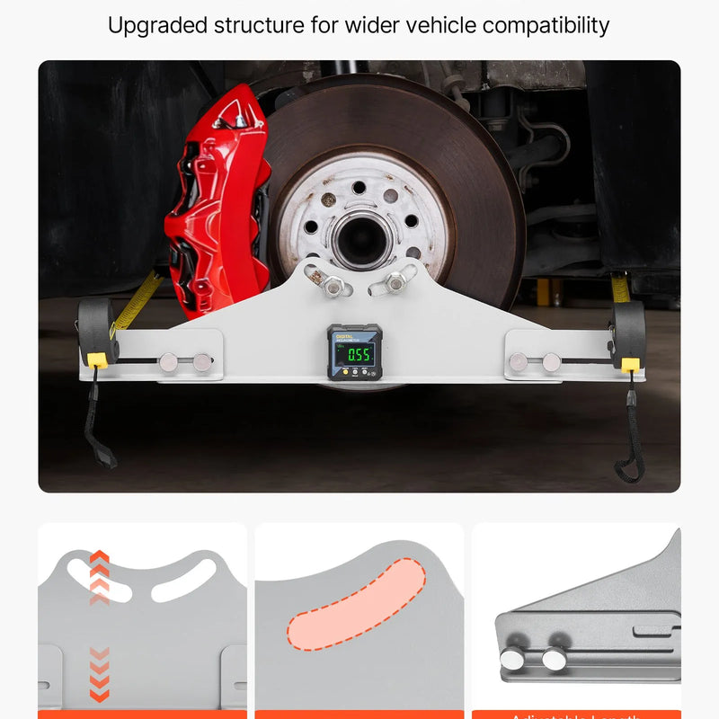 VEVOR riteņu savirzes regulēšanas instruments, 2 gab., pastiprinātas oglekļa tērauda savirzes un sagāzuma regulēšanas plāksnes ar digitālo leņķa mērītāju un 2 mērlentēm, precīzs auto riteņu regulēšanas rīks automašīnām, kravas auto un SUV