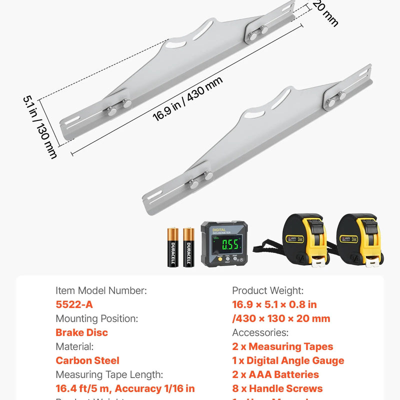 VEVOR riteņu savirzes regulēšanas instruments, 2 gab., pastiprinātas oglekļa tērauda savirzes un sagāzuma regulēšanas plāksnes ar digitālo leņķa mērītāju un 2 mērlentēm, precīzs auto riteņu regulēšanas rīks automašīnām, kravas auto un SUV